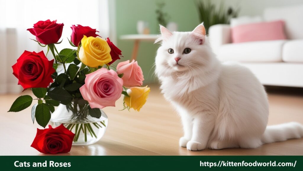 Cats and Roses: Everything You Need to Know 22 A fluffy white cat sitting near a vase of colorful roses in a cozy indoor setting.