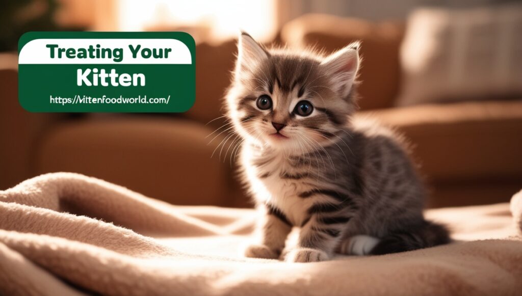 Kitten Treats: A Purr-Fact Guide to Keeping Your Kitten Happy and Healthy 11 A curious kitten sitting on a soft blanket with a warm, homey background