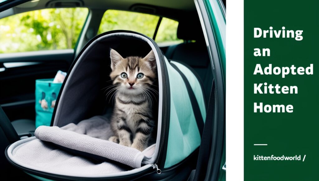 What to Do When Driving an Adopted Kitten Home 10 A kitten sitting in a comfortable pet carrier inside a car, surrounded by travel essentials.